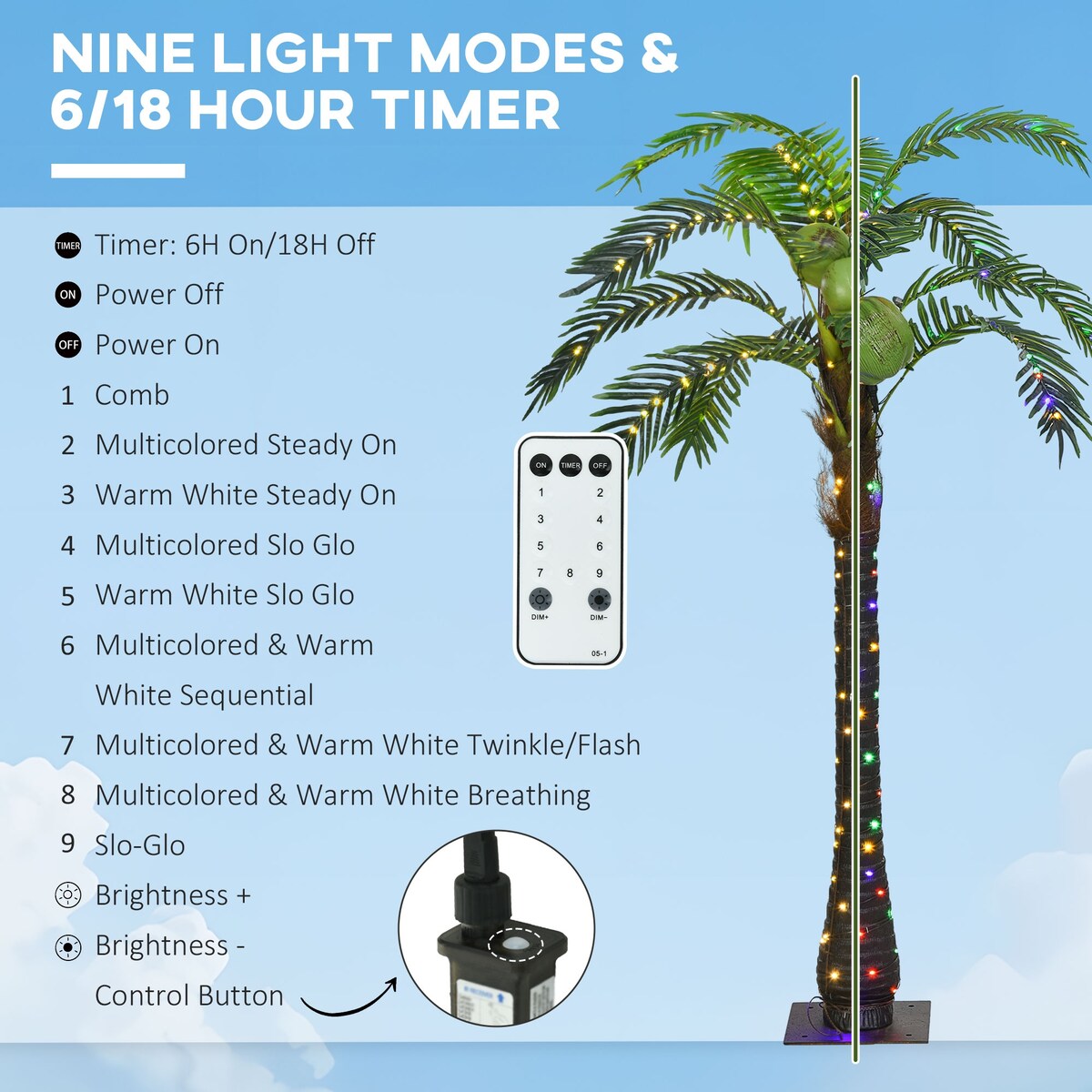 Outsunny 5' Artificial Lighted Palm Tree with 3 Coconuts, 200 LED Light, Color Changing Light Up Tropical Palm Tree with Remote