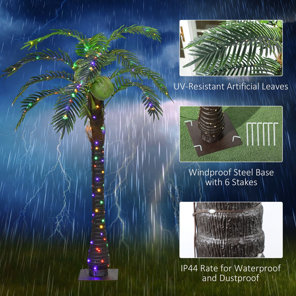 Outsunny 5' Artificial Lighted Palm Tree with 3 Coconuts, 200 LED Light, Color Changing Light Up Tropical Palm Tree with Remote