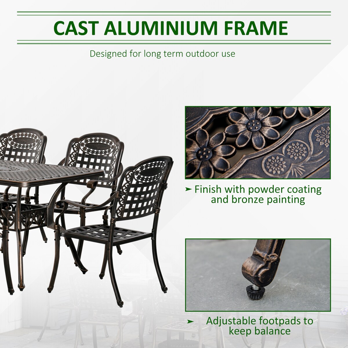 Outsunny 7-Piece Patio Dining Set Cast Aluminium Outdoor Furniture Set 6 Armchairs & Table with Umbrella Hole, Bronze