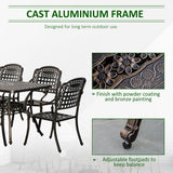 Outsunny 7-Piece Patio Dining Set Cast Aluminium Outdoor Furniture Set 6 Armchairs & Table with Umbrella Hole, Bronze