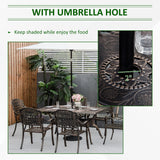 Outsunny 7-Piece Patio Dining Set Cast Aluminium Outdoor Furniture Set 6 Armchairs & Table with Umbrella Hole, Bronze