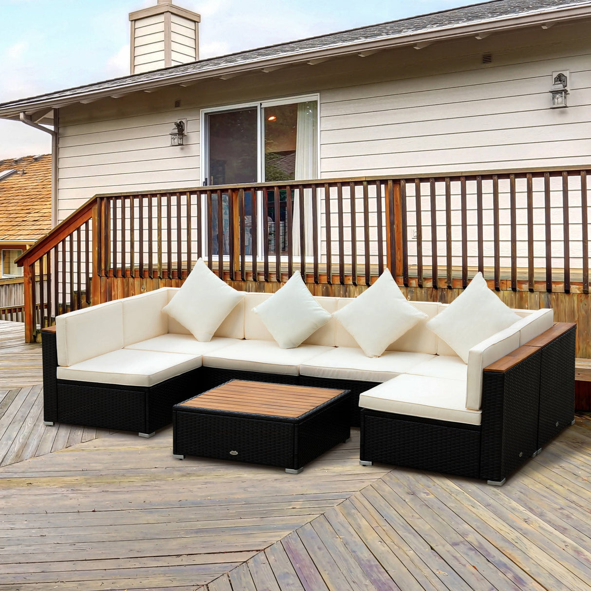 Outsunny 7 Pieces Outdoor Wicker Sofa Set, PE Rattan Sectional Furniture Patio Couch w/ Acacia Top Coffee Table & Cushion