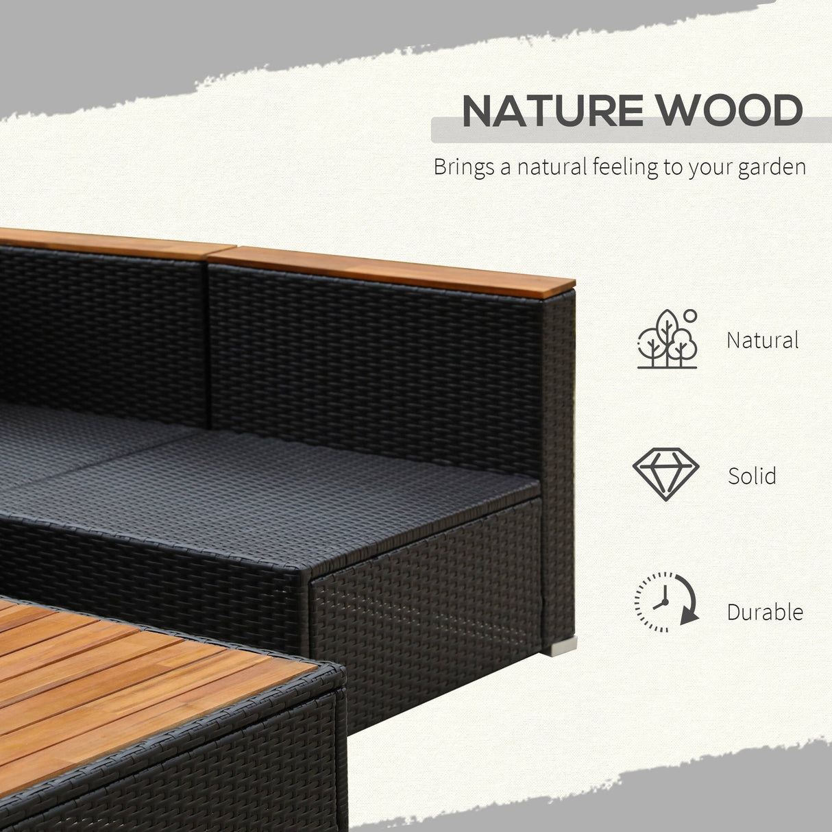 Outsunny 7 Pieces Outdoor Wicker Sofa Set, PE Rattan Sectional Furniture Patio Couch w/ Acacia Top Coffee Table & Cushion