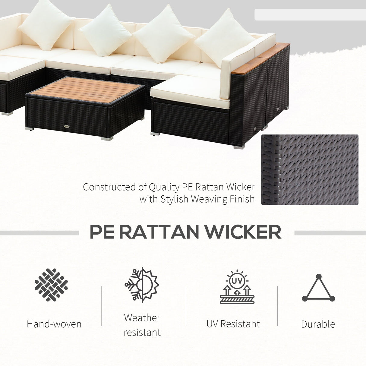 Outsunny 7 Pieces Outdoor Wicker Sofa Set, PE Rattan Sectional Furniture Patio Couch w/ Acacia Top Coffee Table & Cushion