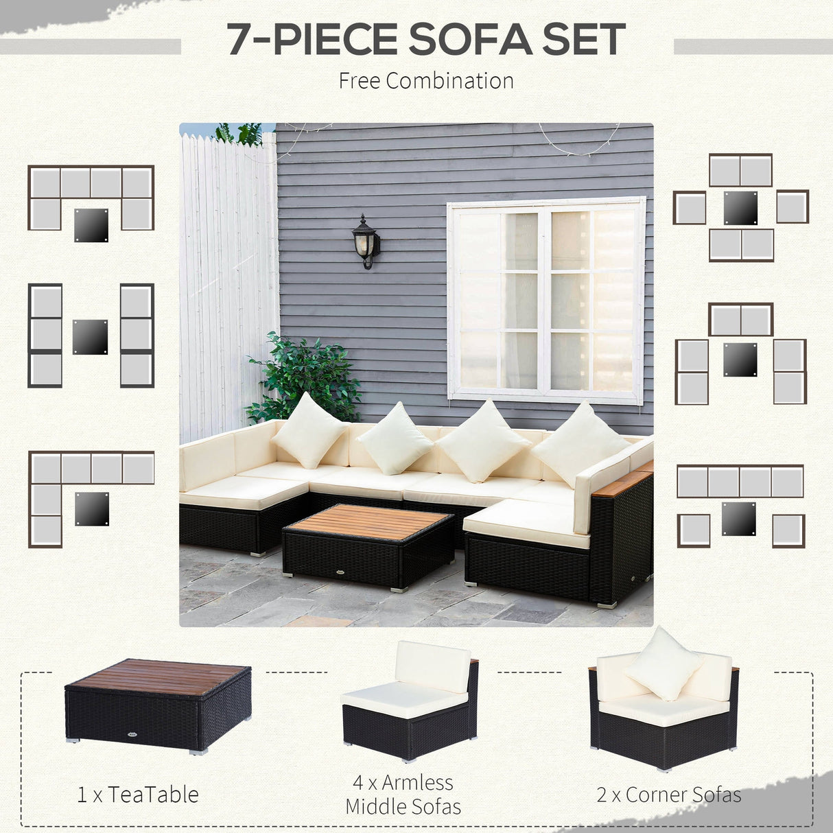 Outsunny 7 Pieces Outdoor Wicker Sofa Set, PE Rattan Sectional Furniture Patio Couch w/ Acacia Top Coffee Table & Cushion