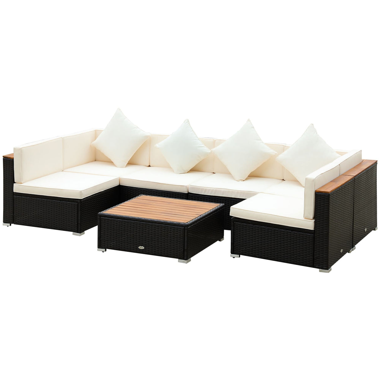 Outsunny 7 Pieces Outdoor Wicker Sofa Set, PE Rattan Sectional Furniture Patio Couch w/ Acacia Top Coffee Table & Cushion