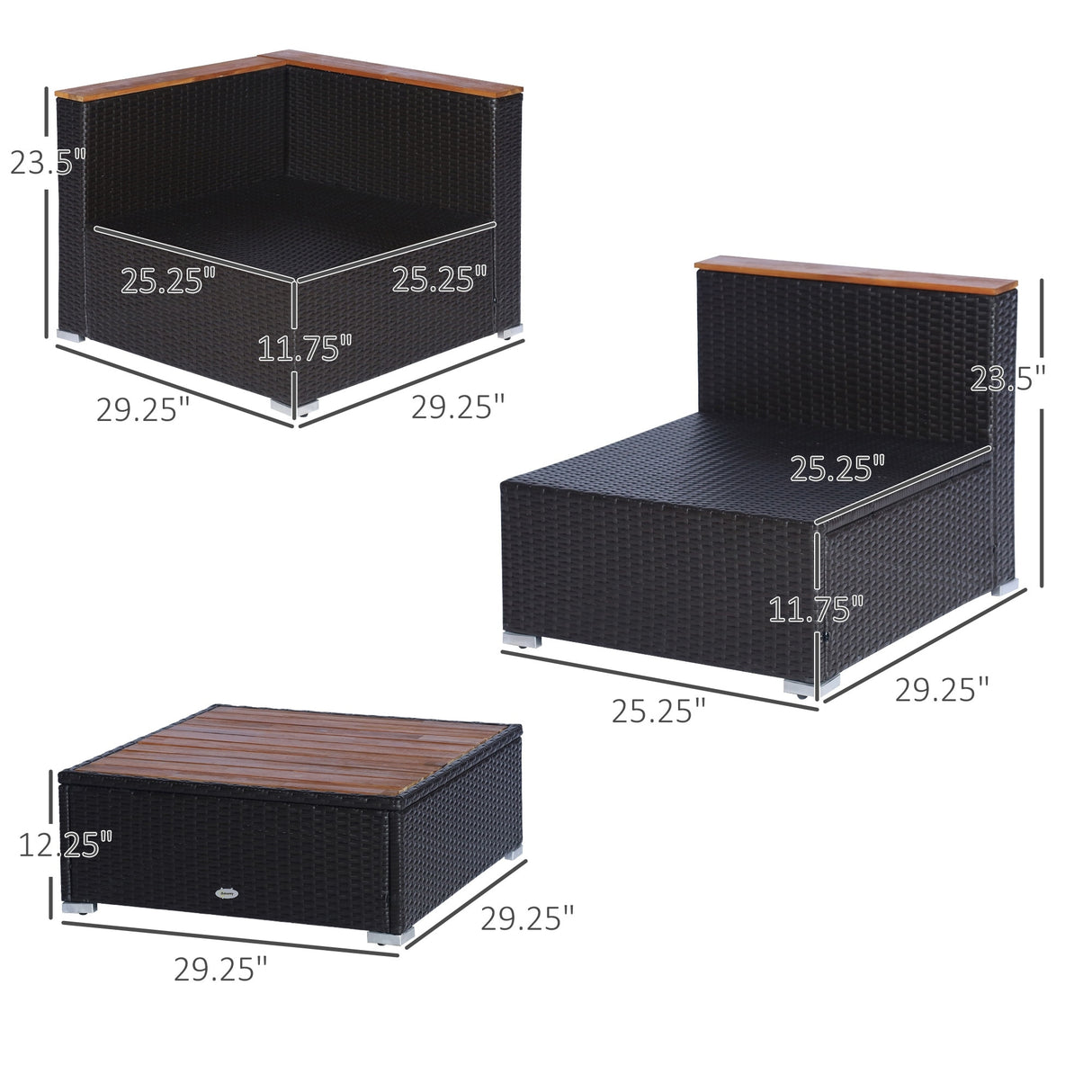 Outsunny 7 Pieces Outdoor Wicker Sofa Set, PE Rattan Sectional Furniture Patio Couch w/ Acacia Top Coffee Table & Cushion