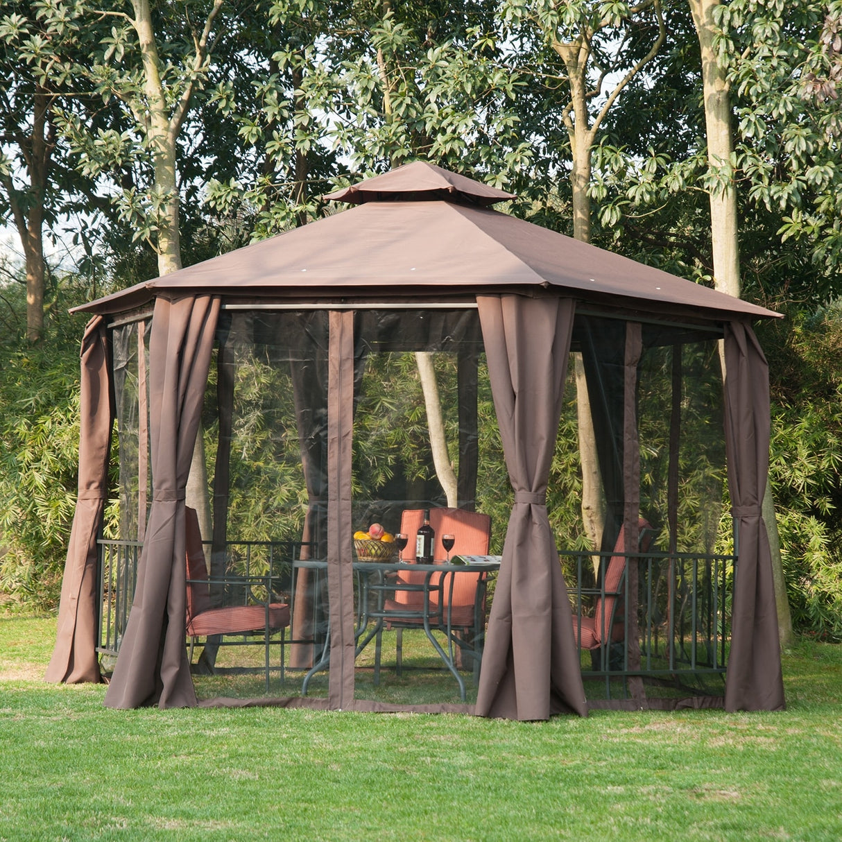 Outsunny 7' x 7' 2-Level Hexagon Outdoor Patio Gazebo Canopy Pavilion with Removable Mesh Curtains, Double Tiered Roof