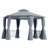 Outsunny 7' x 7' 2-Level Hexagon Outdoor Patio Gazebo Canopy Pavilion with Removable Mesh Curtains, Double Tiered Roof