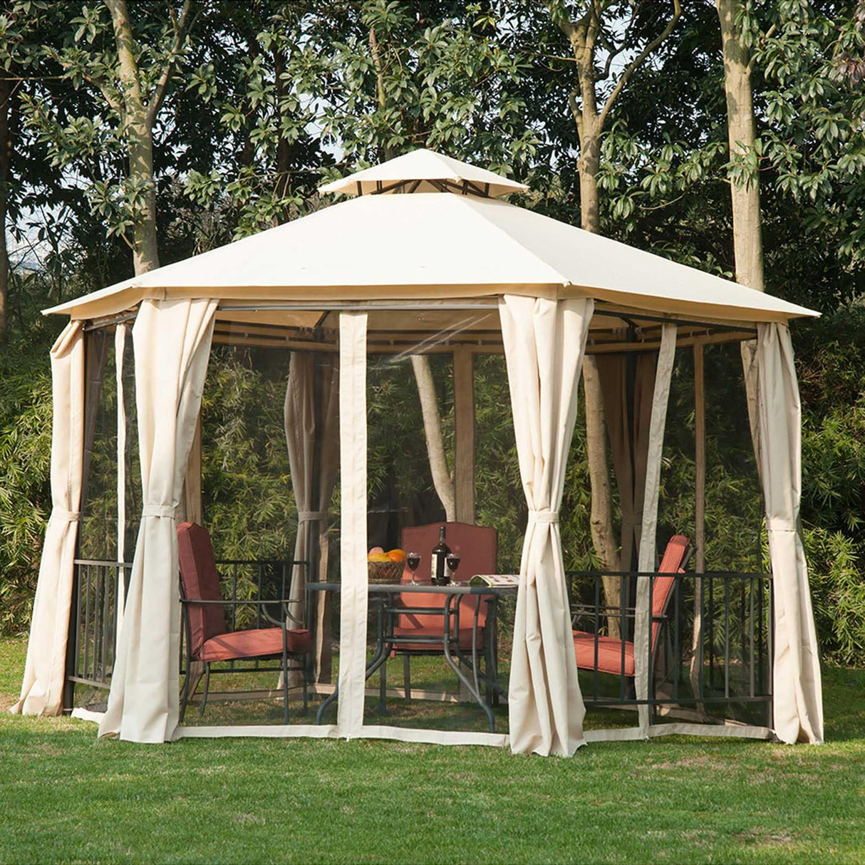 Outsunny 7' x 7' 2-Level Hexagon Outdoor Patio Gazebo Canopy Pavilion with Removable Mesh Curtains, Double Tiered Roof