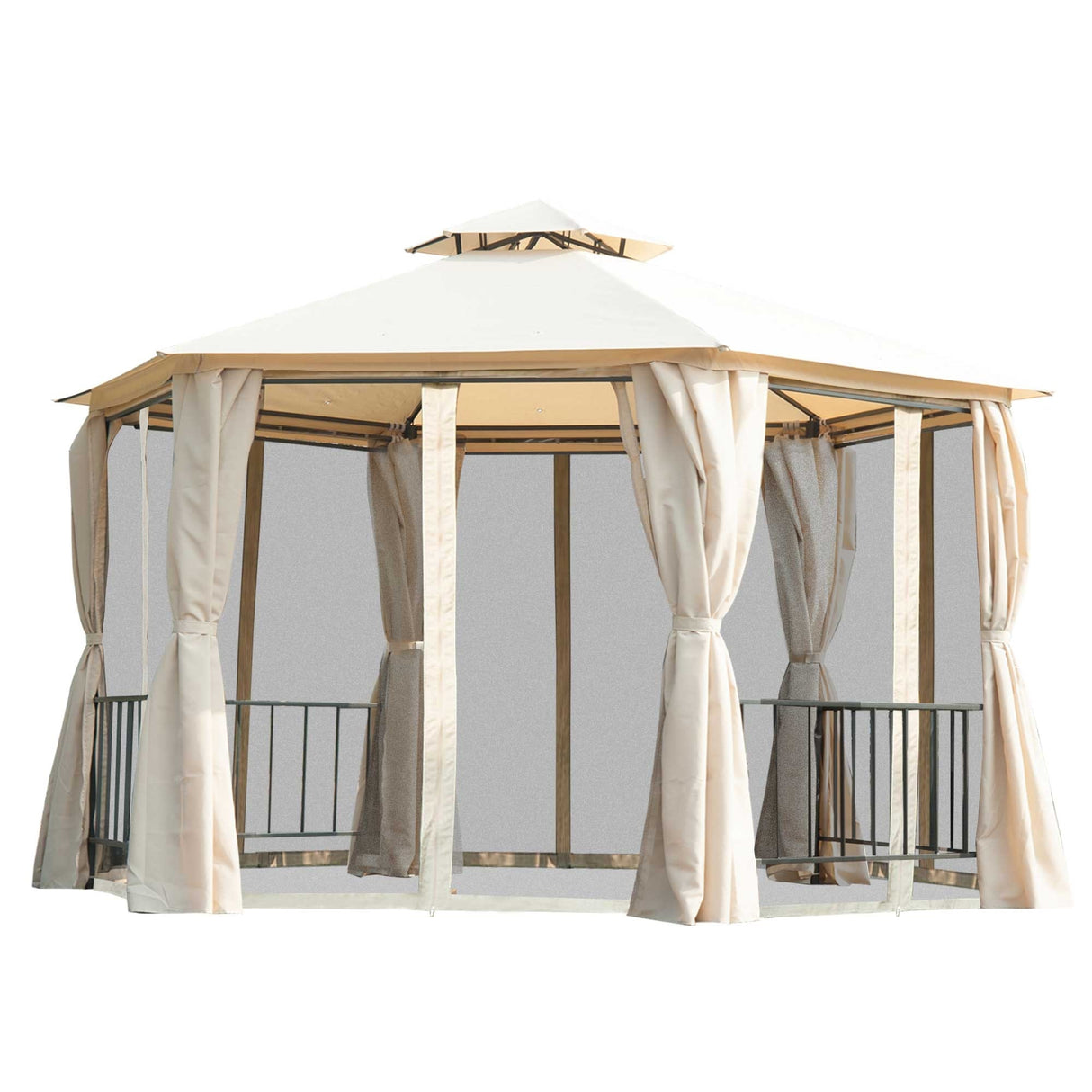 Outsunny 7' x 7' 2-Level Hexagon Outdoor Patio Gazebo Canopy Pavilion with Removable Mesh Curtains, Double Tiered Roof