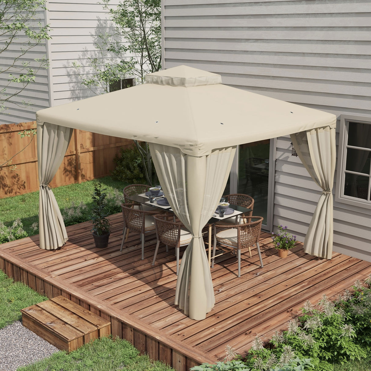 Outsunny 9.6' x 11.6' Patio Gazebo, Outdoor Canopy Shelter with 2-Tier Roof and Netting, Steel Frame for Garden, Lawn, Backyard