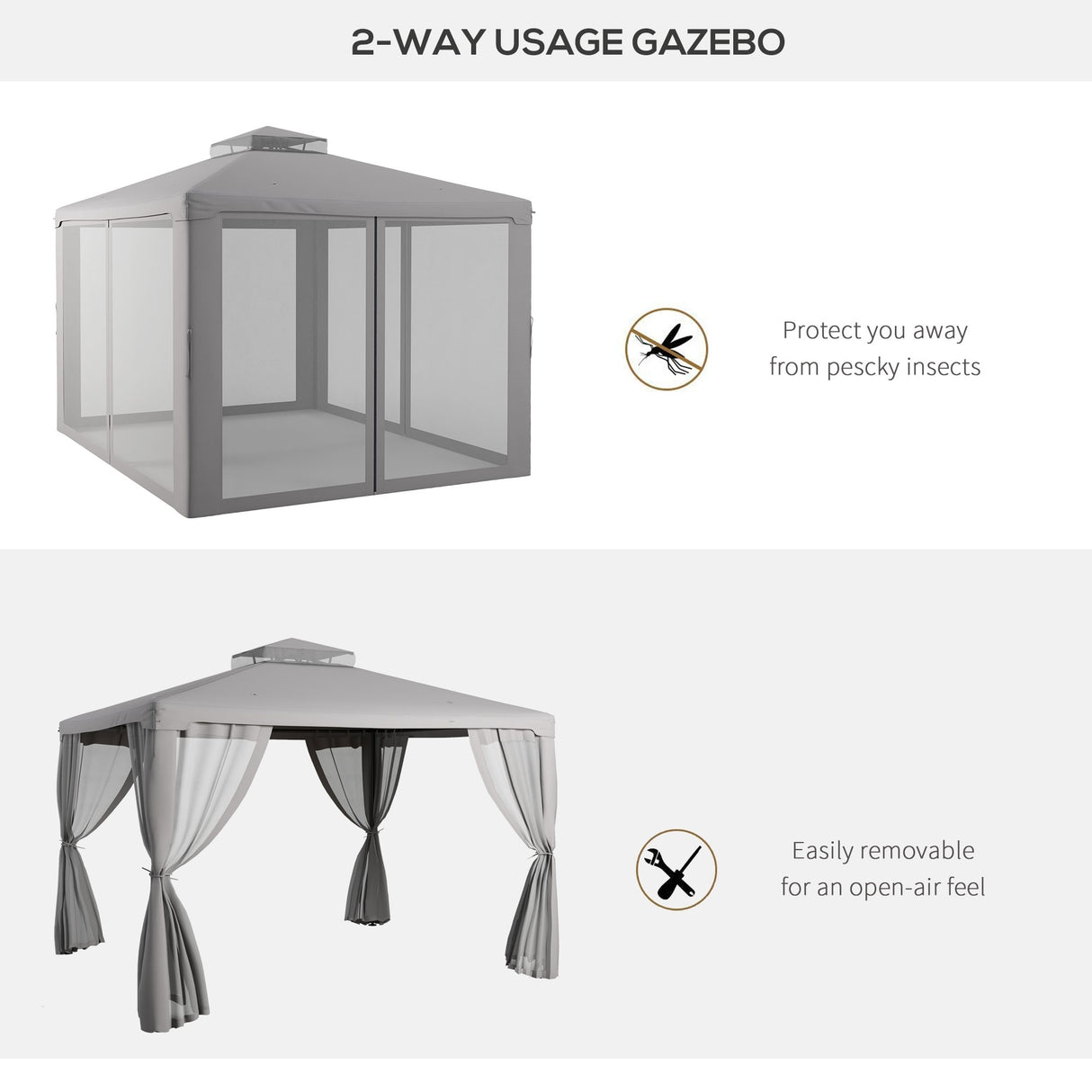 Outsunny 9.6' x 11.6' Patio Gazebo, Outdoor Canopy Shelter with 2-Tier Roof and Netting, Steel Frame for Garden, Lawn, Backyard