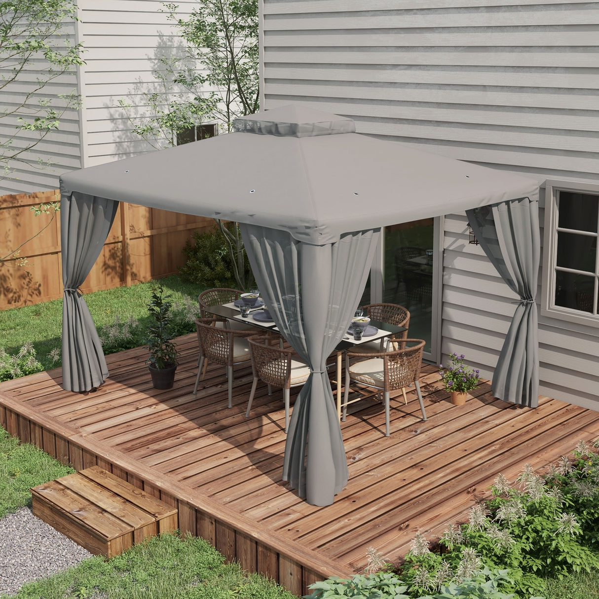 Outsunny 9.6' x 11.6' Patio Gazebo, Outdoor Canopy Shelter with 2-Tier Roof and Netting, Steel Frame for Garden, Lawn, Backyard