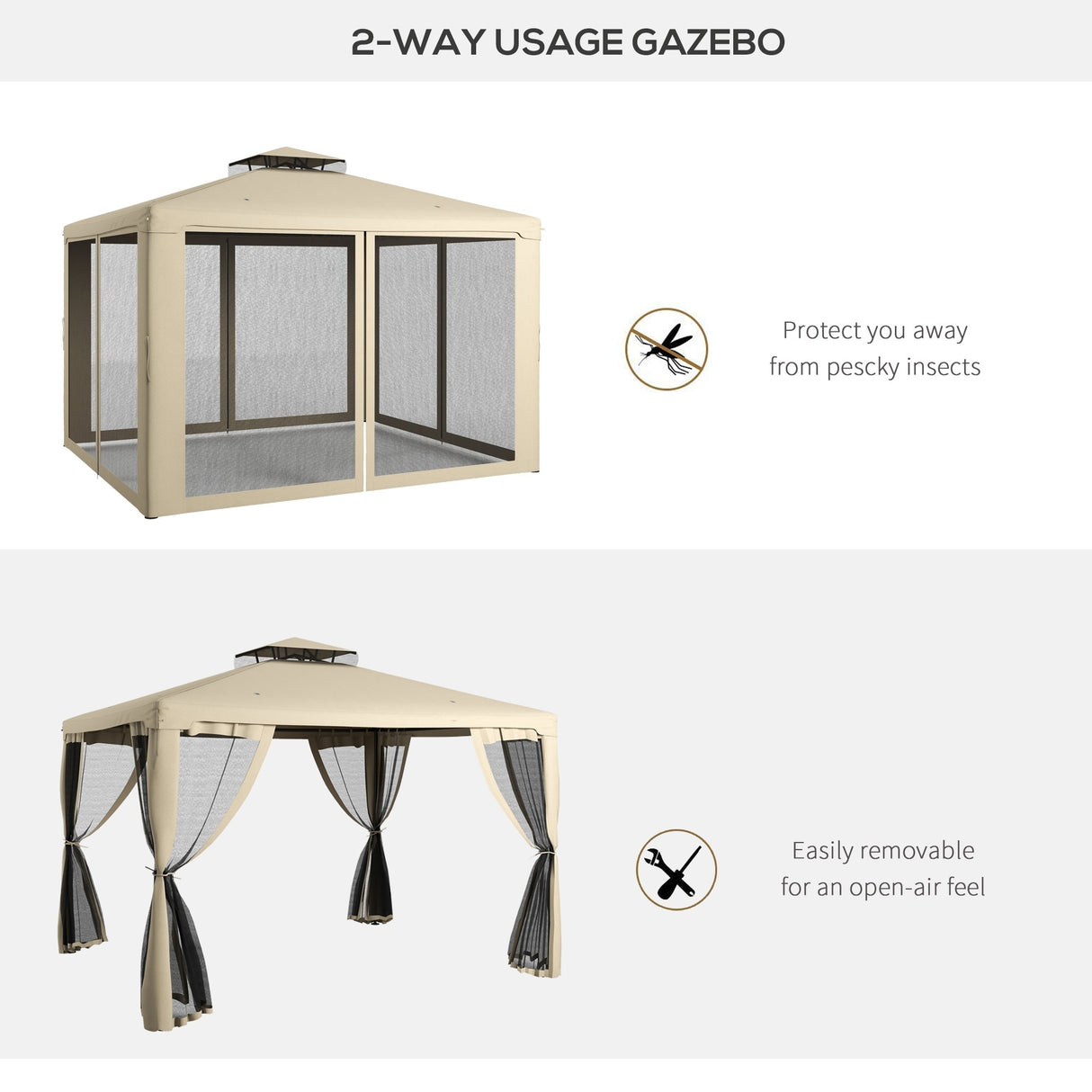 Outsunny 9.6' x 11.6' Patio Gazebo, Outdoor Canopy Shelter with 2-Tier Roof and Netting, Steel Frame for Garden, Lawn, Backyard