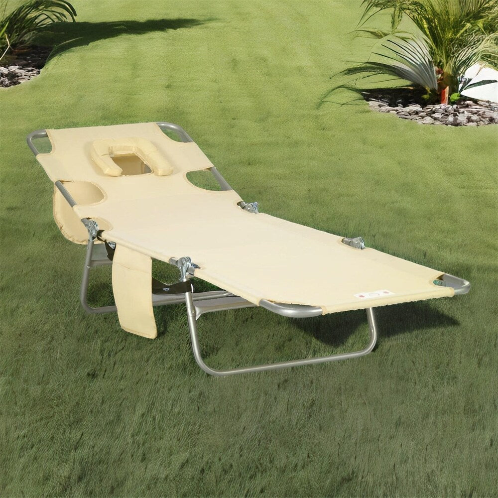 Outsunny Folding Beach Lounge Chair with Face Hole and Arm Slots