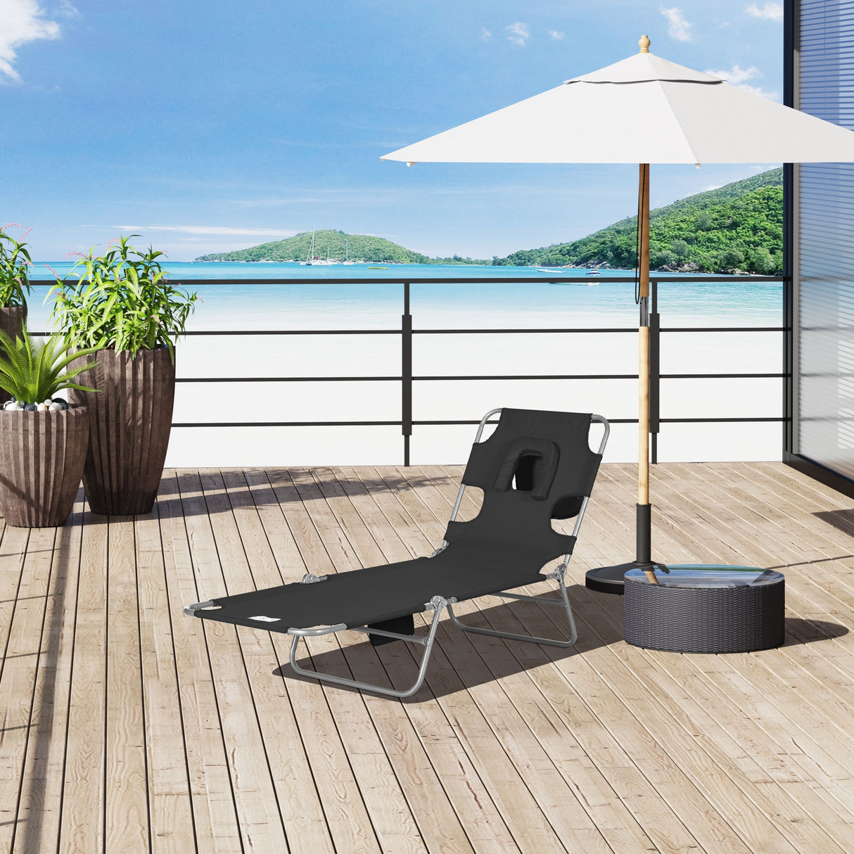 Outsunny Folding Beach Lounge Chair with Face Hole and Arm Slots, 5-level Adjustable Sun Lounger Tanning Chair with Pillow - N/A