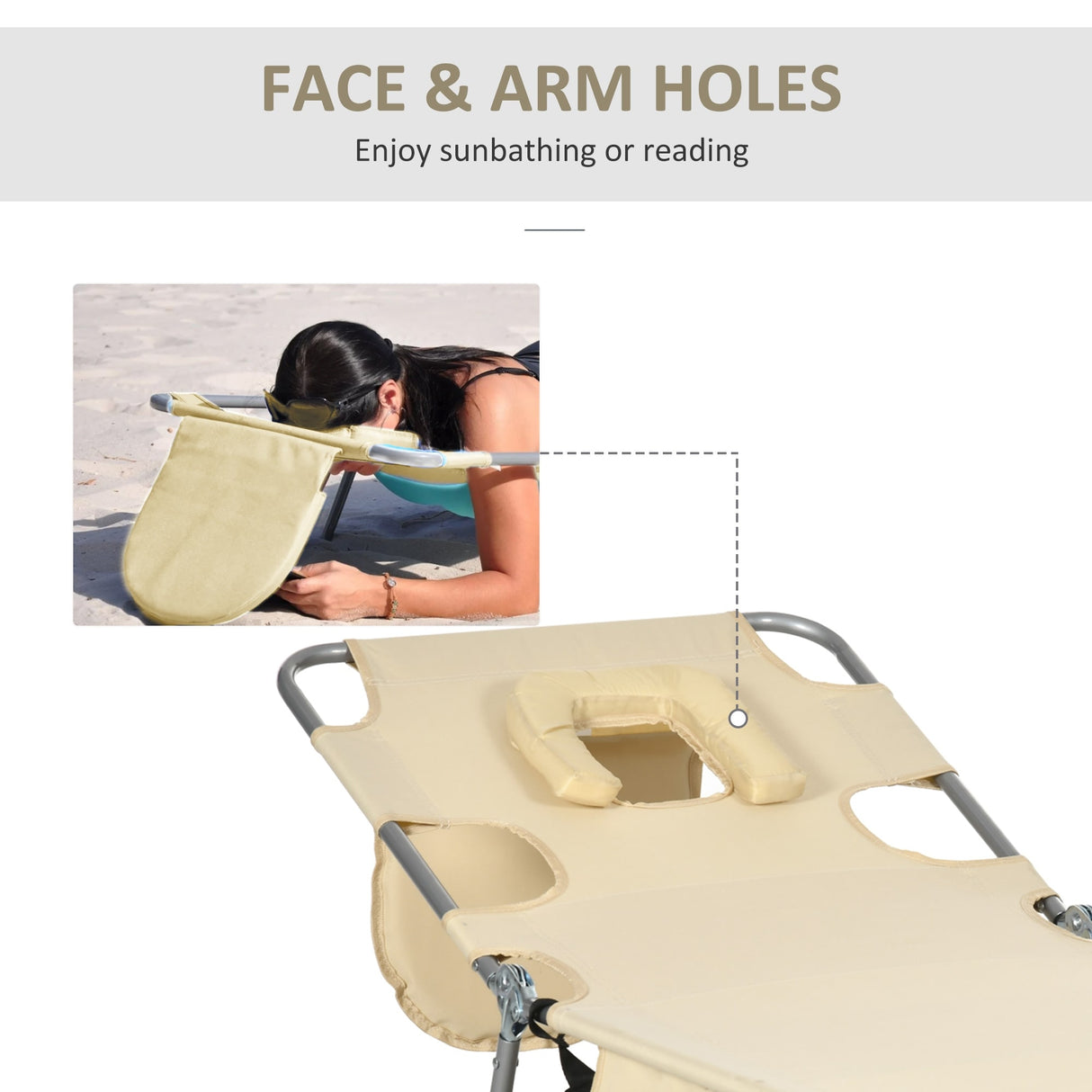 Outsunny Folding Beach Lounge Chair with Face Hole and Arm Slots, 5-level Adjustable Sun Lounger Tanning Chair with Pillow - N/A