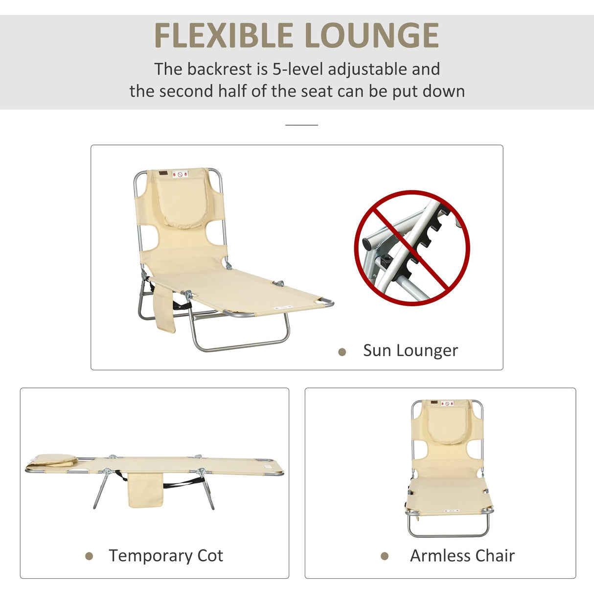 Outsunny Folding Beach Lounge Chair with Face Hole and Arm Slots, 5-level Adjustable Sun Lounger Tanning Chair with Pillow - N/A