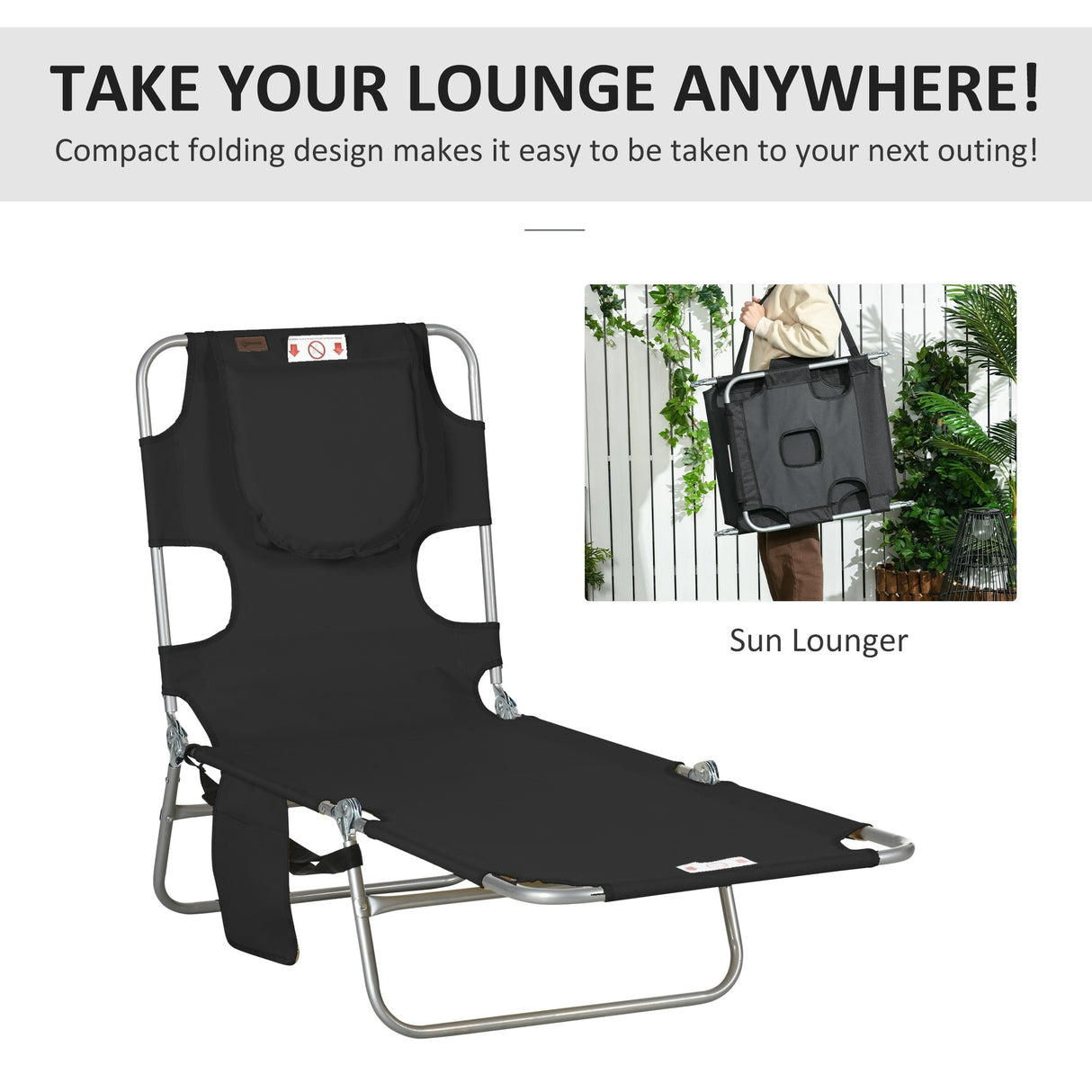Outsunny Folding Beach Lounge Chair with Face Hole and Arm Slots, 5-level Adjustable Sun Lounger Tanning Chair with Pillow - N/A
