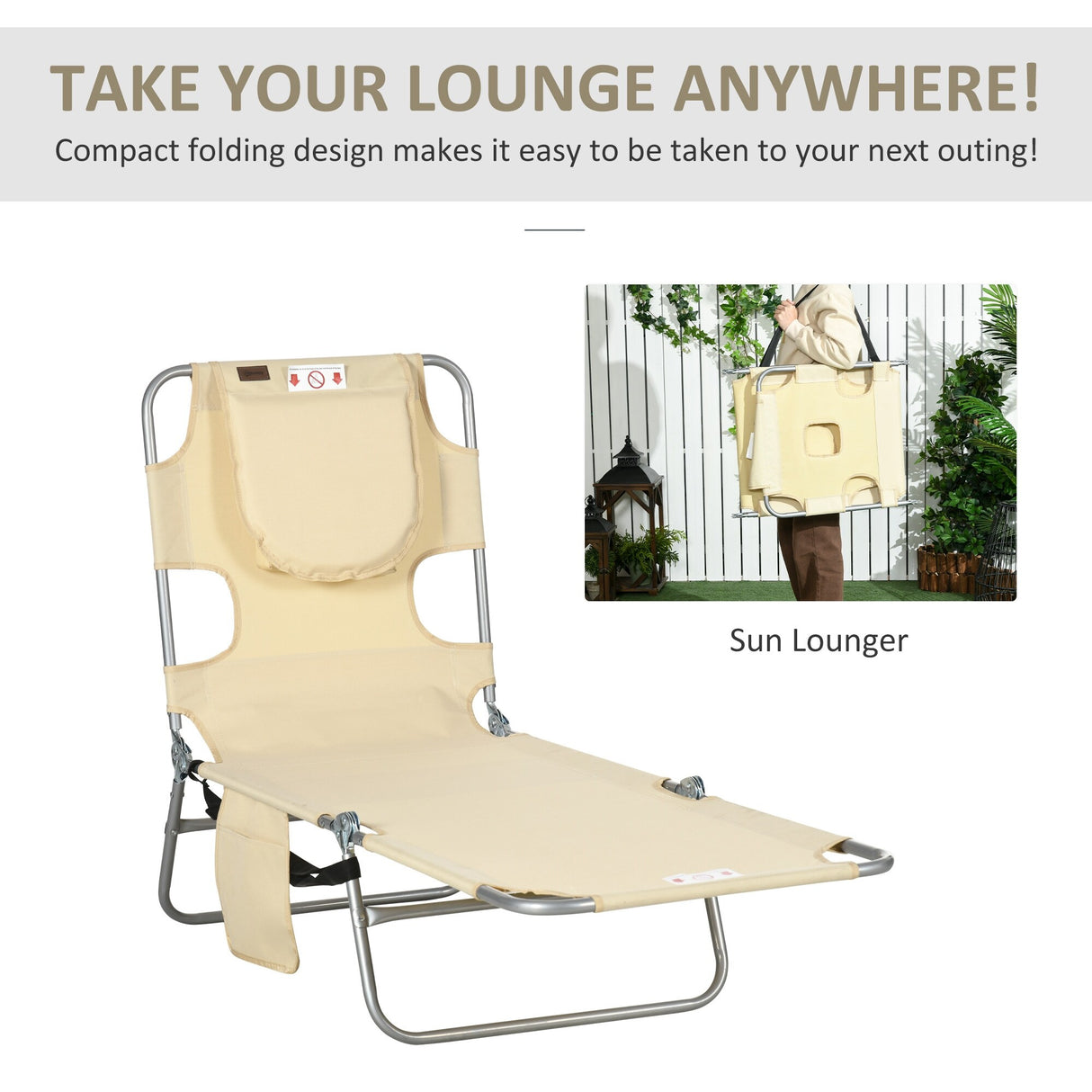 Outsunny Folding Beach Lounge Chair with Face Hole and Arm Slots, 5-level Adjustable Sun Lounger Tanning Chair with Pillow - N/A