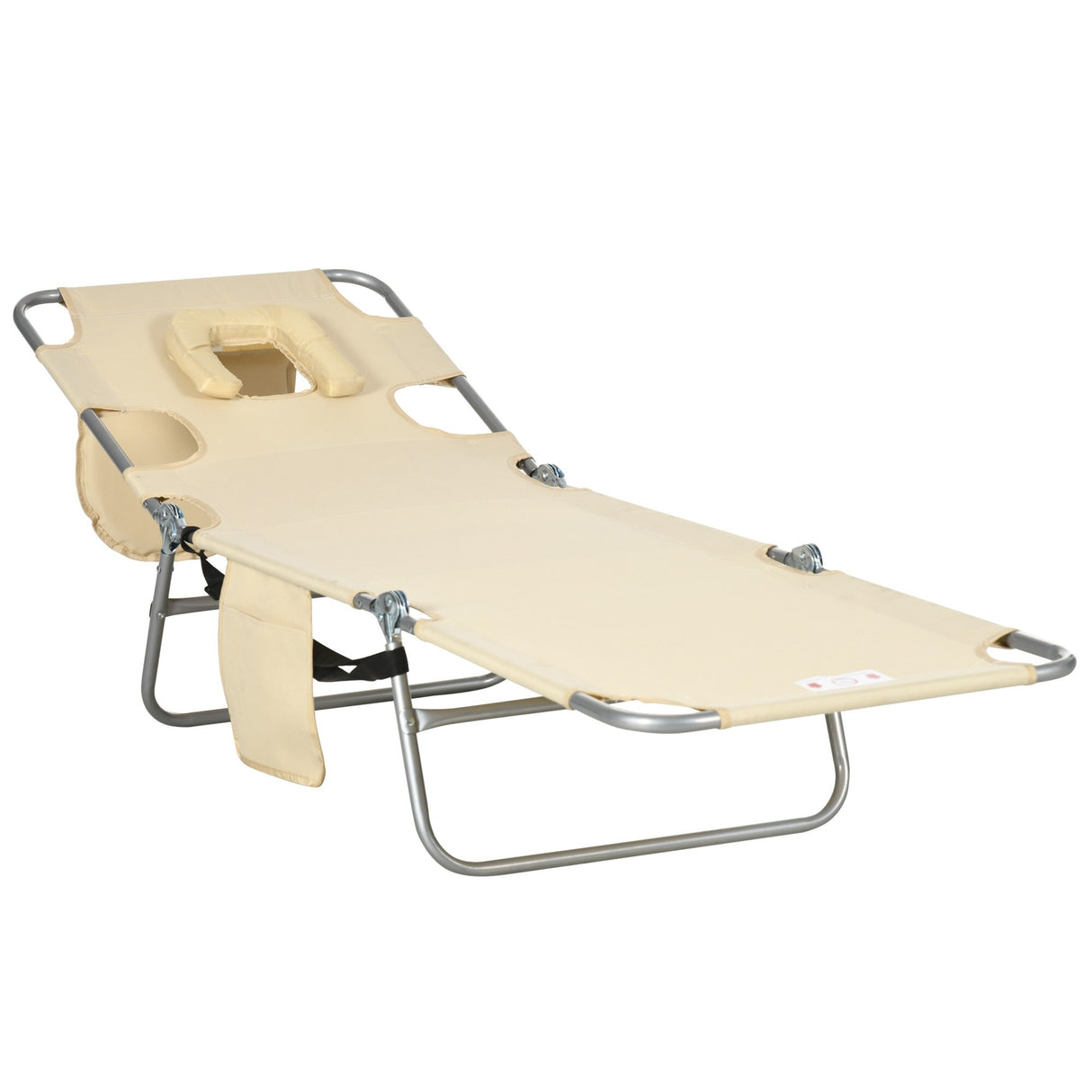 Outsunny Folding Beach Lounge Chair with Face Hole and Arm Slots, 5-level Adjustable Sun Lounger Tanning Chair with Pillow - N/A