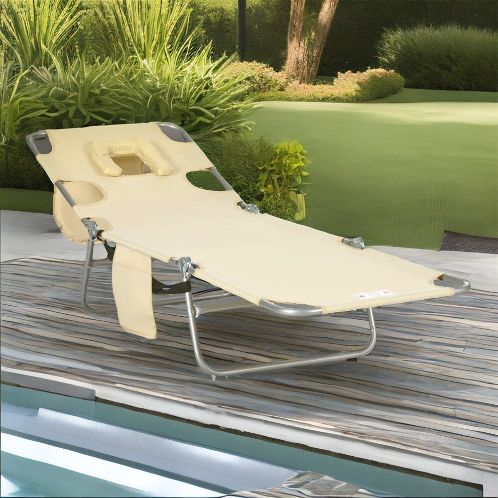 Outsunny Folding Beach Lounge Chair with Face Hole and Arm Slots