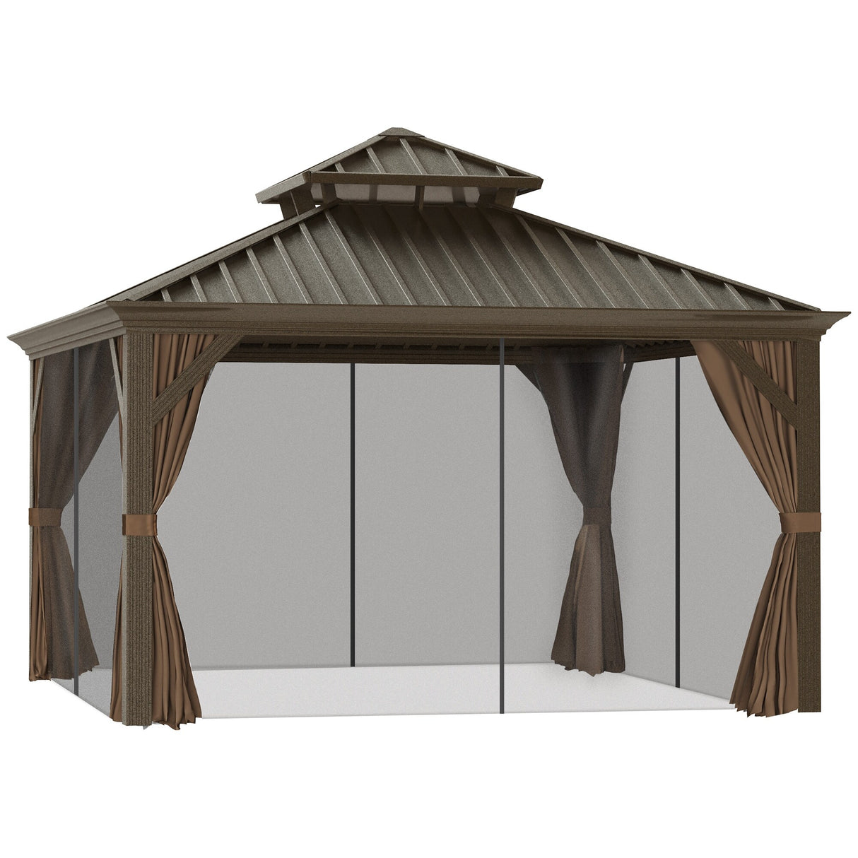 Outsunny Hardtop Gazebo with Aluminum Frame, Permanent Metal Roof Gazebo Canopy with Curtains and Netting