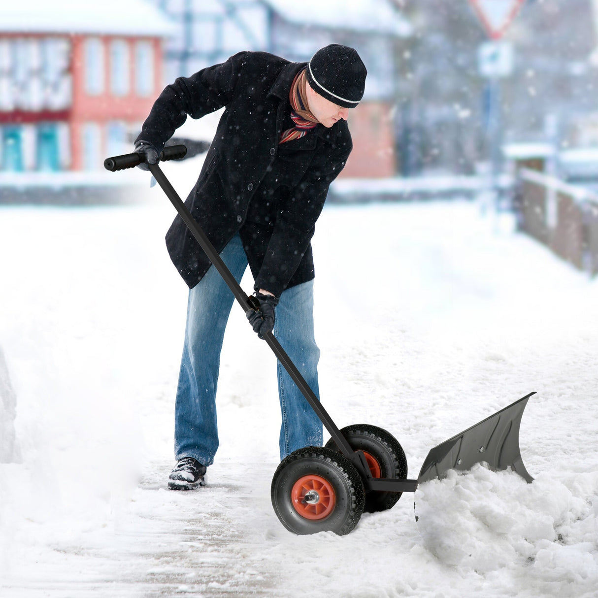 Outsunny Height/ Angle-Adjustable Heavy-Duty Rolling Snow Shovel Pusher