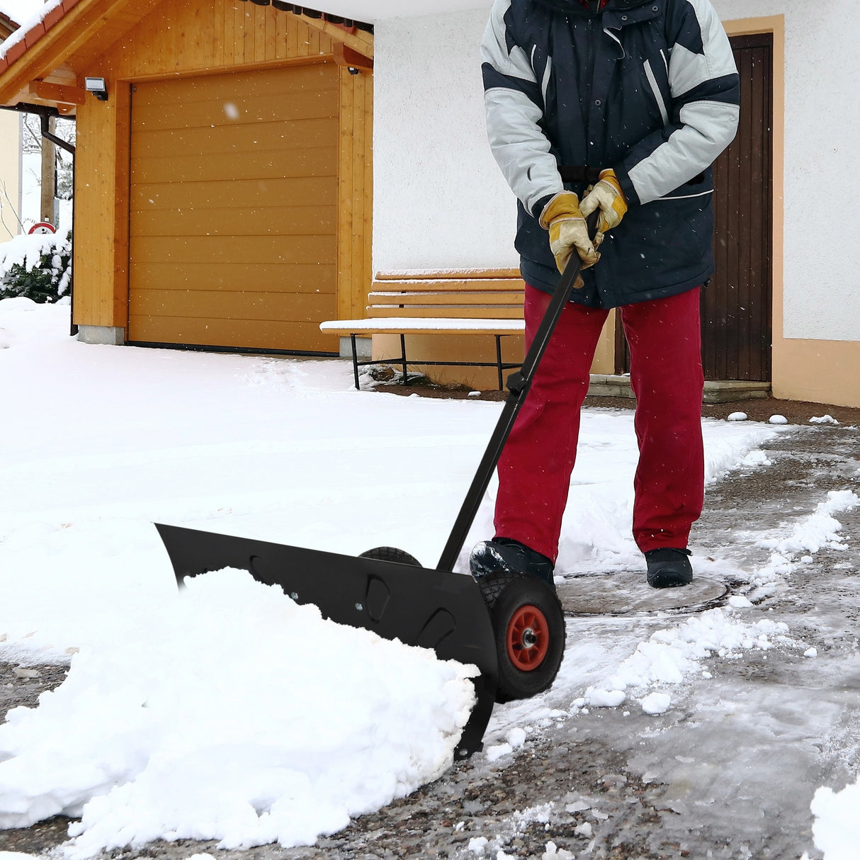 Outsunny Height/ Angle-Adjustable Heavy-Duty Rolling Snow Shovel Pusher