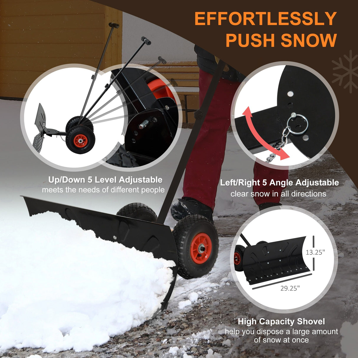 Outsunny Height/ Angle-Adjustable Heavy-Duty Rolling Snow Shovel Pusher