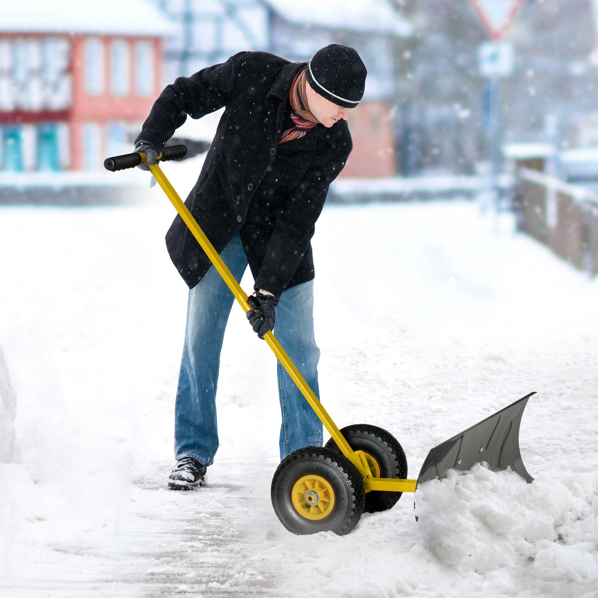 Outsunny Height/ Angle-Adjustable Heavy-Duty Rolling Snow Shovel Pusher