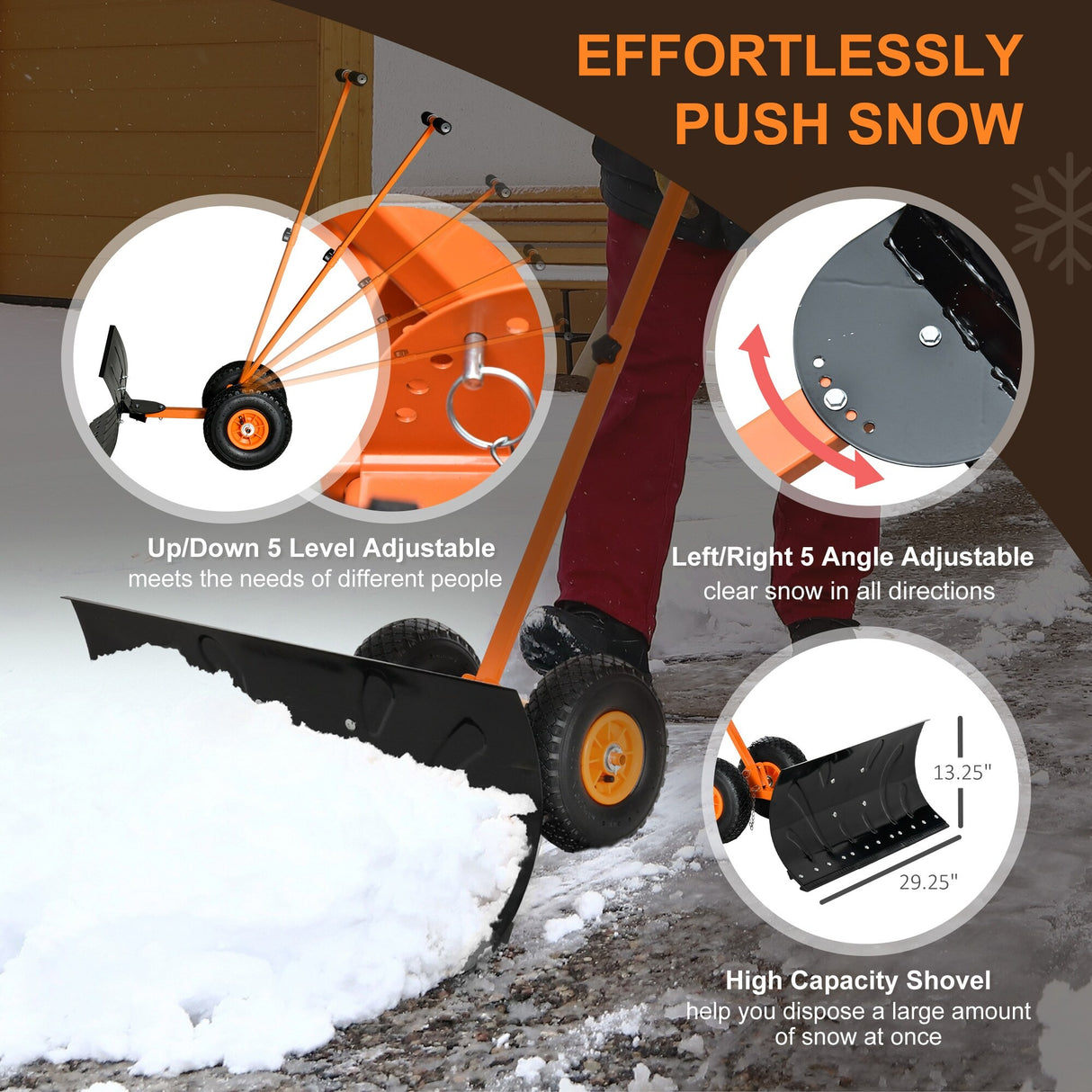 Outsunny Height/ Angle-Adjustable Heavy-Duty Rolling Snow Shovel Pusher