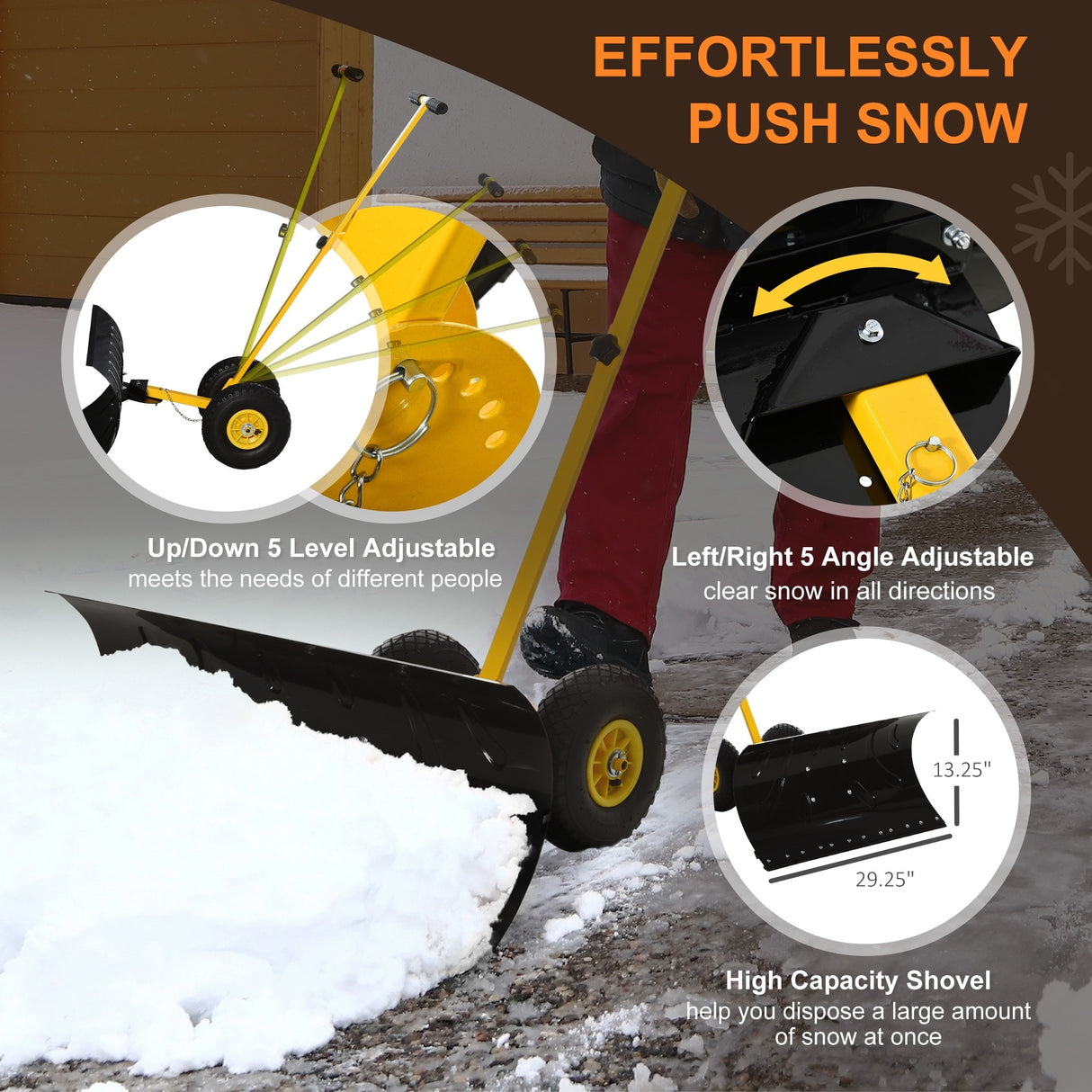 Outsunny Height/ Angle-Adjustable Heavy-Duty Rolling Snow Shovel Pusher