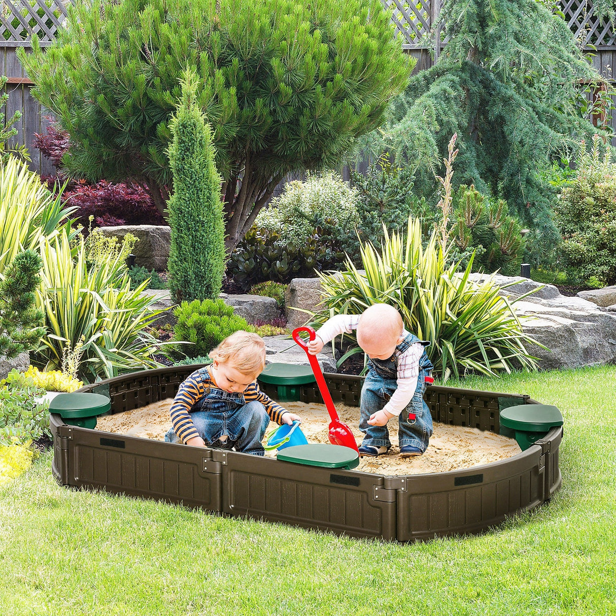 Outsunny Kids Sandbox with Cover and Seats, Outdoor Sandbox for Ages 3-12 Years Old - 72" x 41.25" x 8.25"