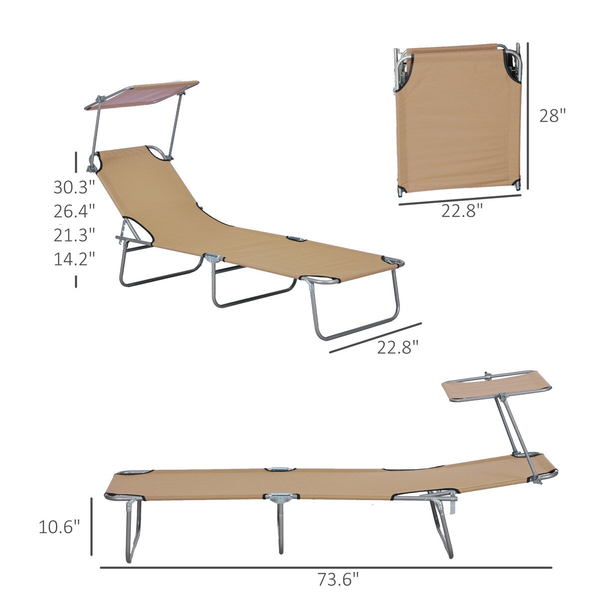 Lounge Chair, Adjustable Folding Chaise Lounge, Tanning Chair with Sun Shade for Beach, Camping, Hiking, Backyard