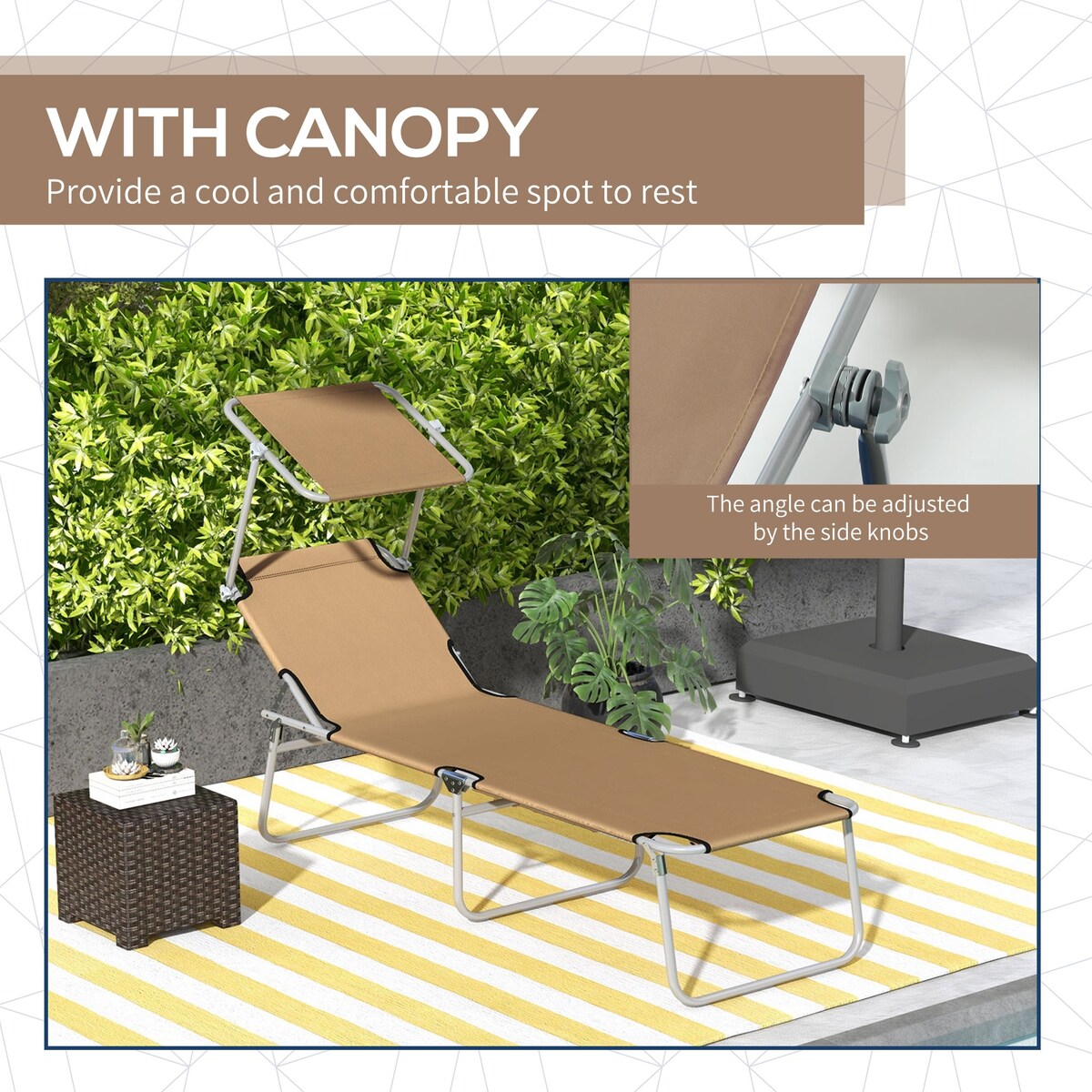 Lounge Chair, Adjustable Folding Chaise Lounge, Tanning Chair with Sun Shade for Beach, Camping, Hiking, Backyard