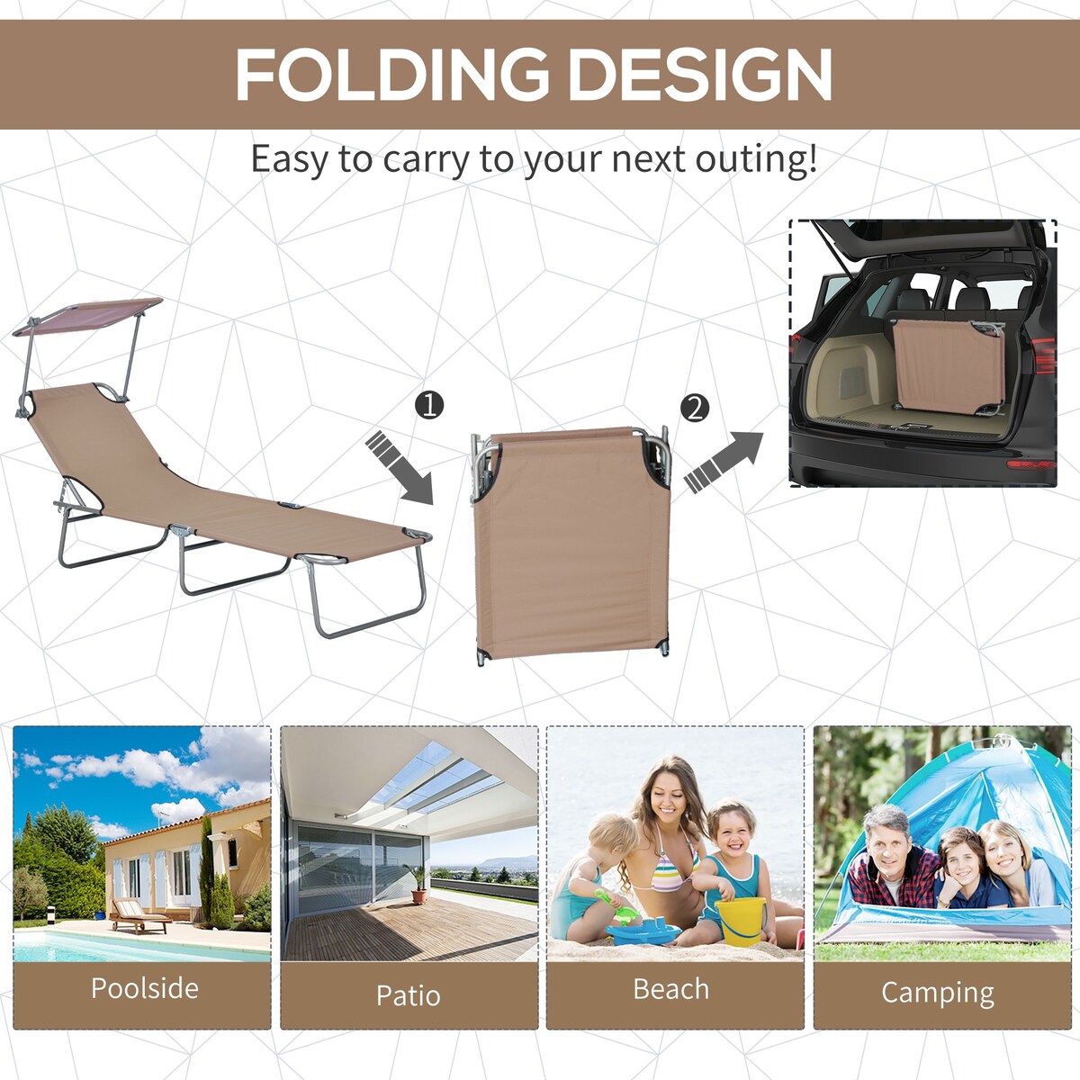 Lounge Chair, Adjustable Folding Chaise Lounge, Tanning Chair with Sun Shade for Beach, Camping, Hiking, Backyard
