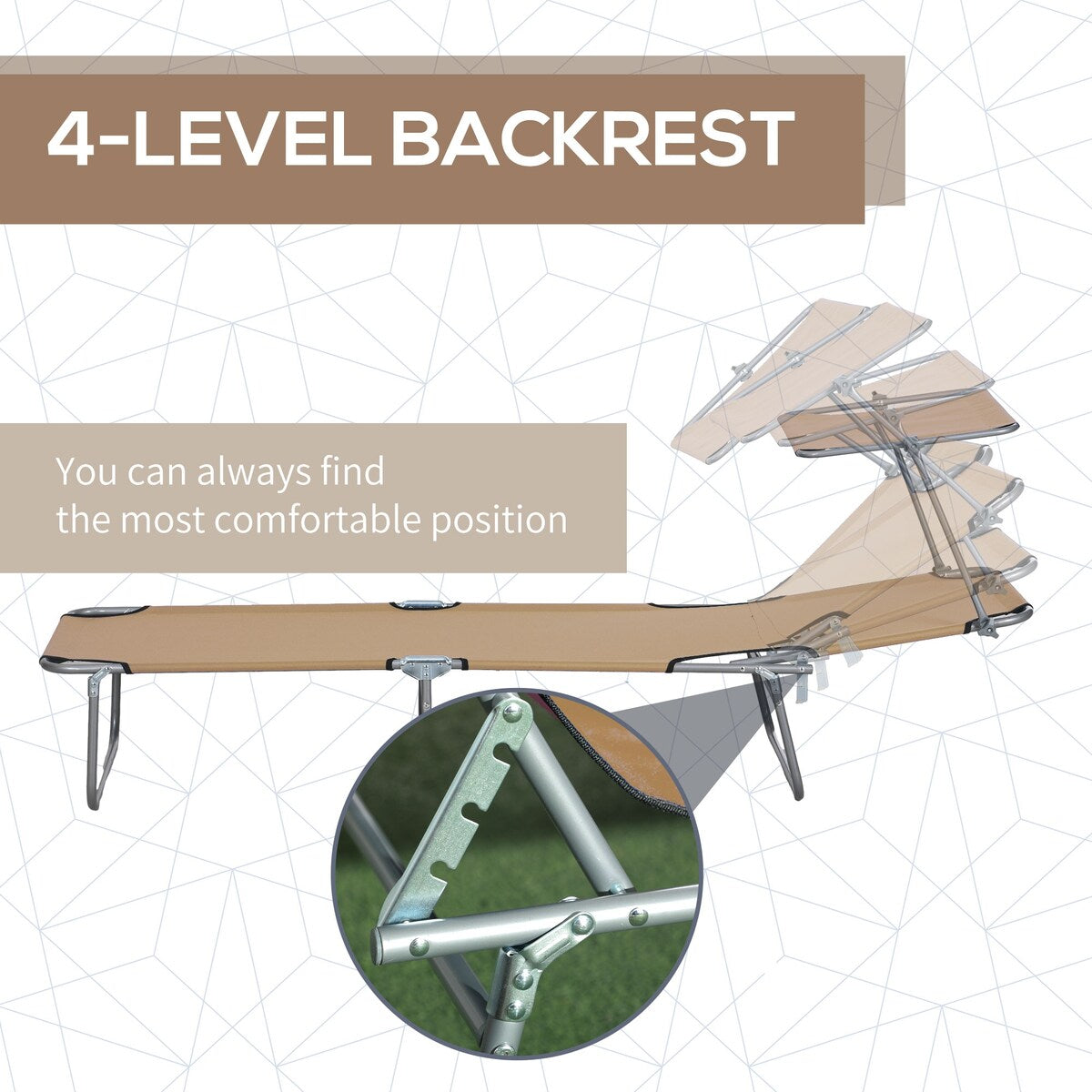 Lounge Chair, Adjustable Folding Chaise Lounge, Tanning Chair with Sun Shade for Beach, Camping, Hiking, Backyard