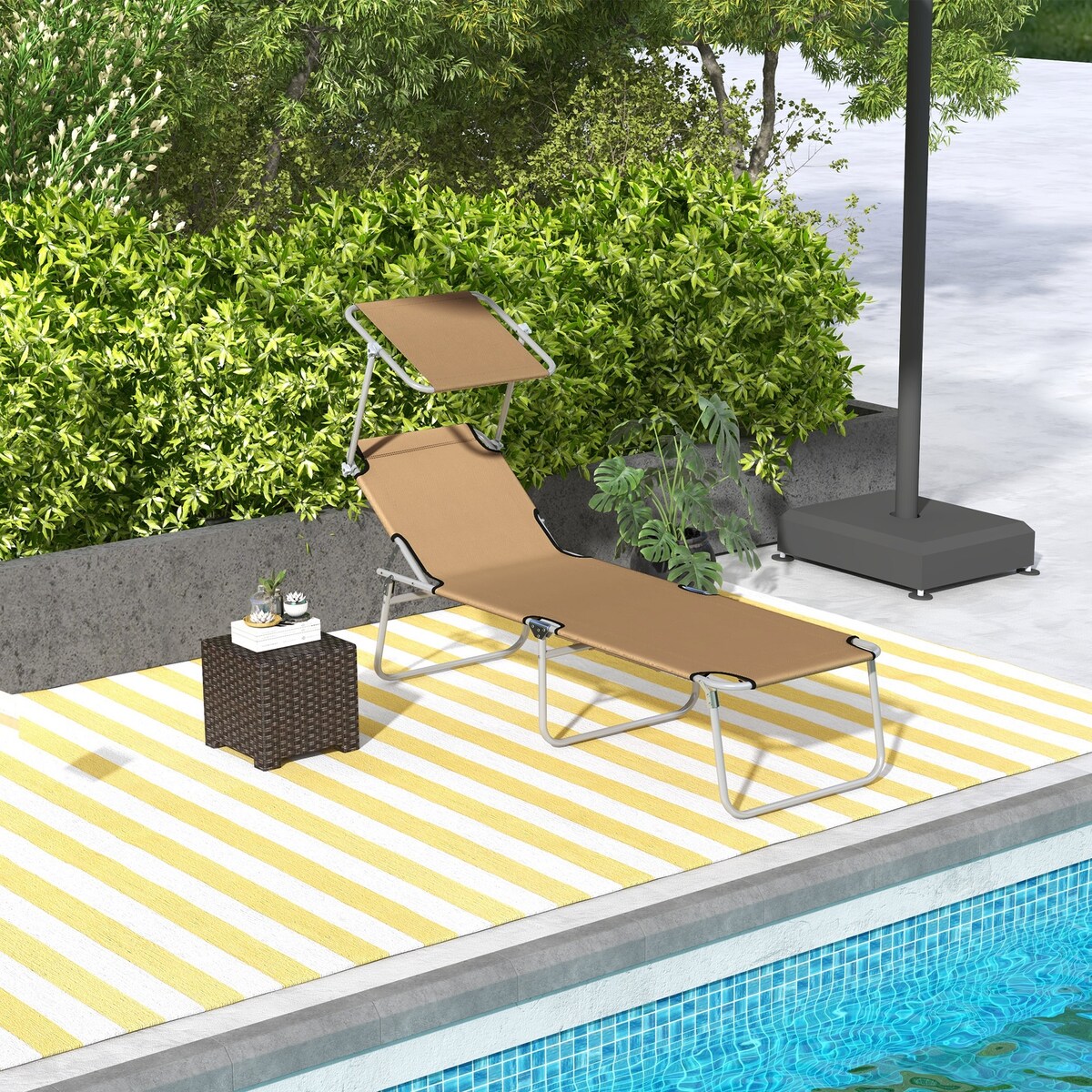 Lounge Chair, Adjustable Folding Chaise Lounge, Tanning Chair with Sun Shade for Beach, Camping, Hiking, Backyard