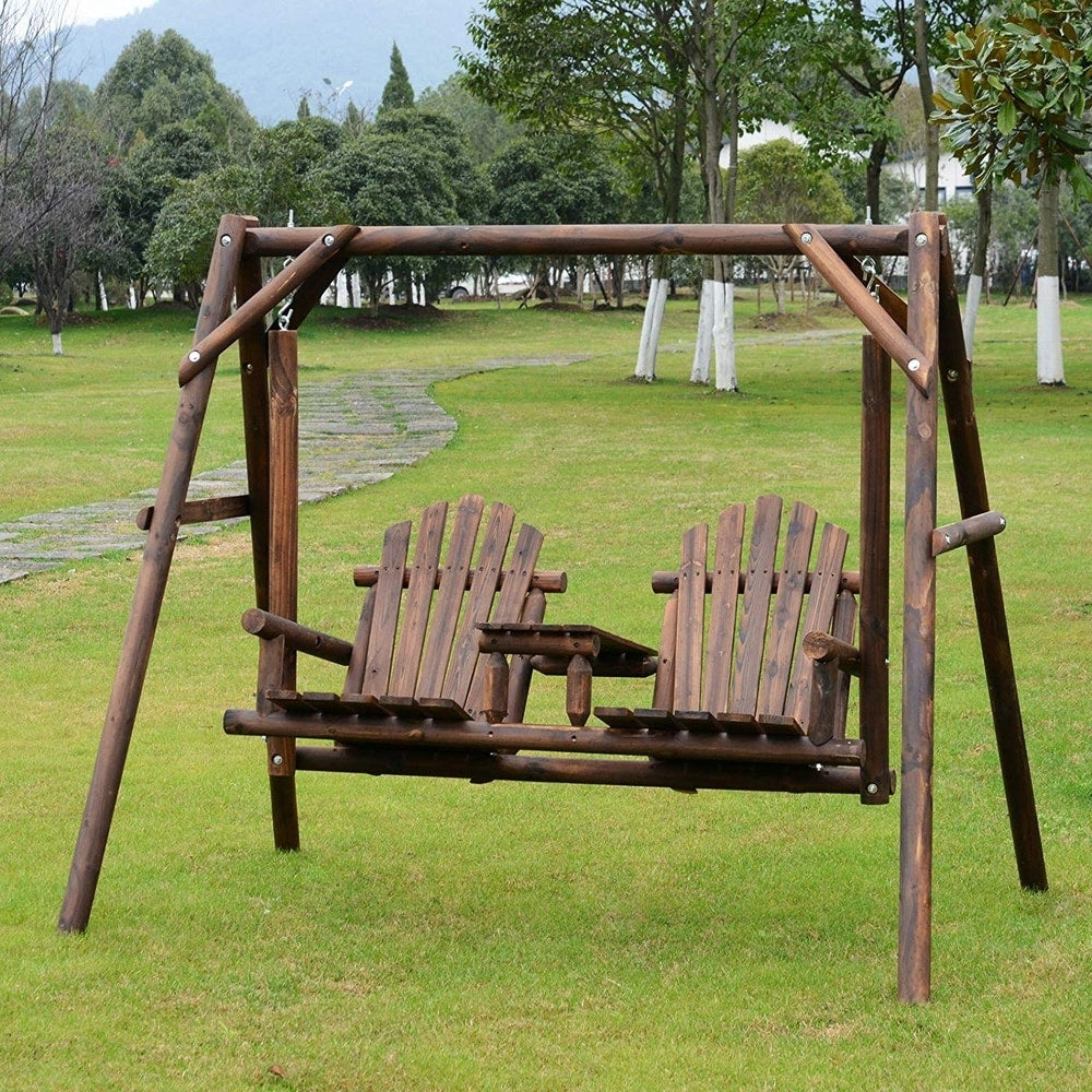 Outsunny Outdoor Adirondack Chair 2 Seat Freestanding Solid Wood Rustic Log Swing
