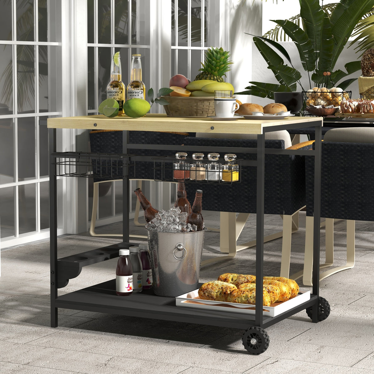 Outsunny Outdoor Bar Cart, Patio Rolling Serving Cart with Wheels, Side Handle, 2 Baskets, 4 Wine Holders for Garden