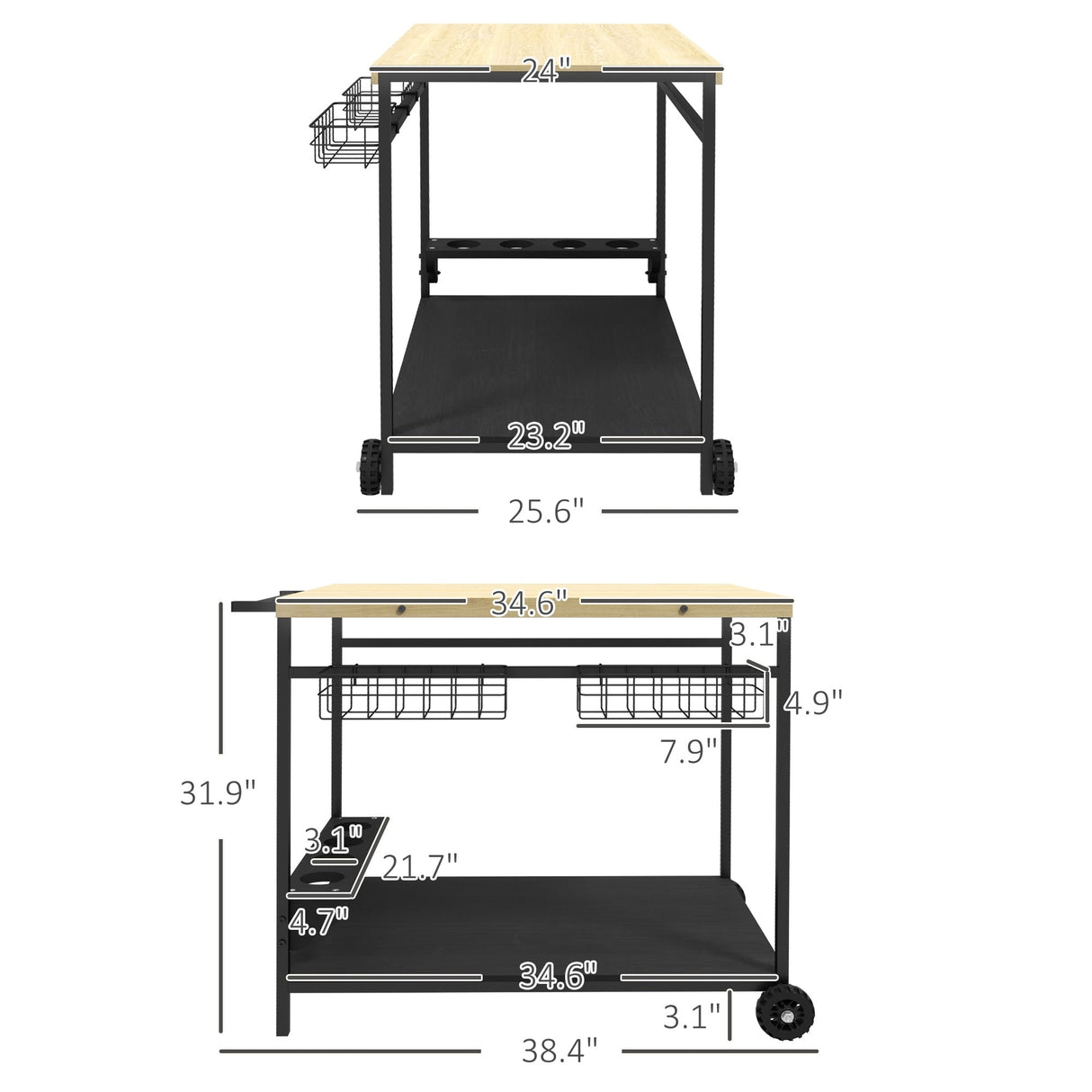 Outsunny Outdoor Bar Cart, Patio Rolling Serving Cart with Wheels, Side Handle, 2 Baskets, 4 Wine Holders for Garden