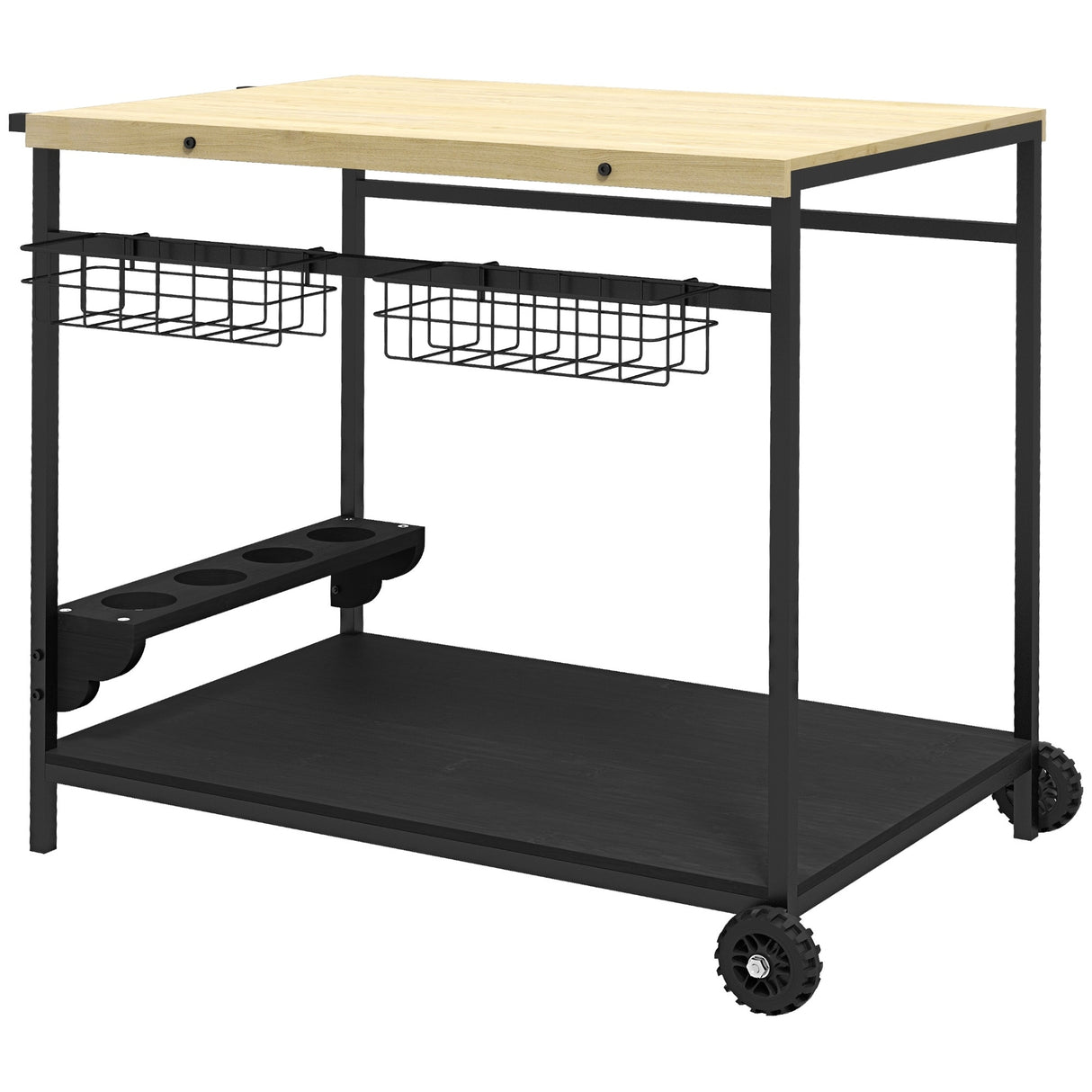 Outsunny Outdoor Bar Cart, Patio Rolling Serving Cart with Wheels, Side Handle, 2 Baskets, 4 Wine Holders for Garden