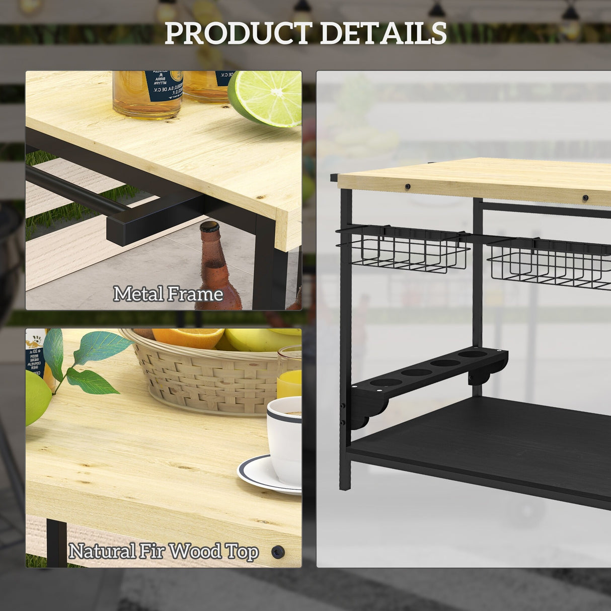 Outsunny Outdoor Bar Cart, Patio Rolling Serving Cart with Wheels, Side Handle, 2 Baskets, 4 Wine Holders for Garden