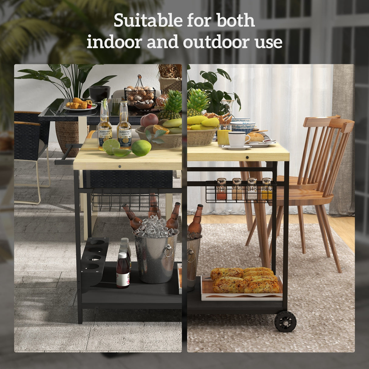 Outsunny Outdoor Bar Cart, Patio Rolling Serving Cart with Wheels, Side Handle, 2 Baskets, 4 Wine Holders for Garden