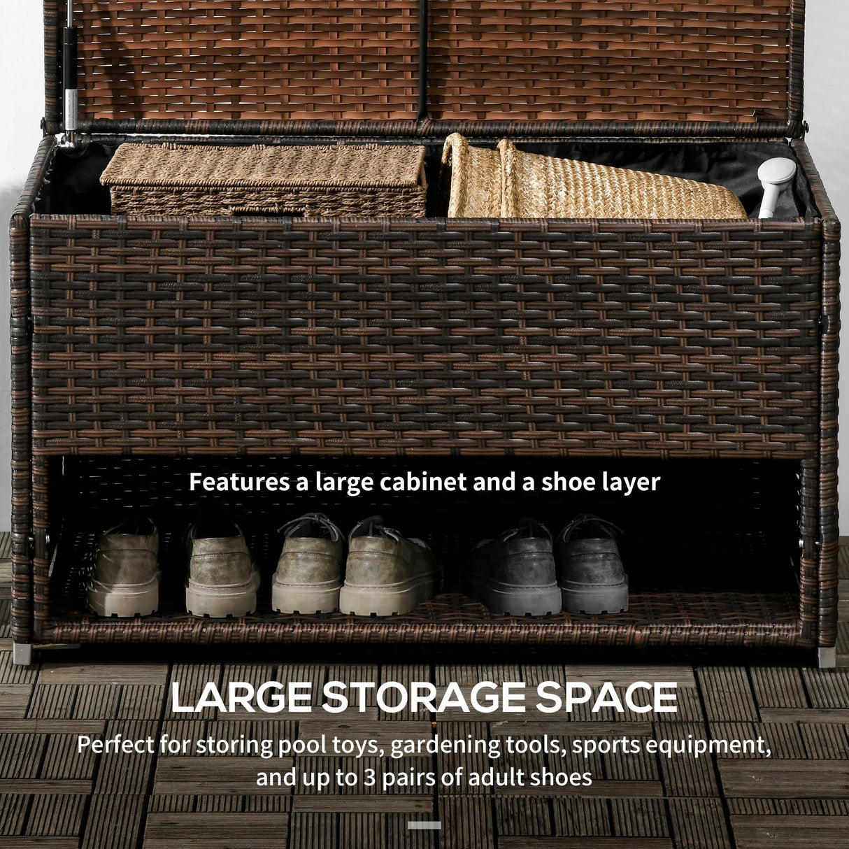 Outsunny Outdoor Deck Box & Shoe Storage, PE Rattan Wicker Towel Rack with Liner for Indoor, Outdoor