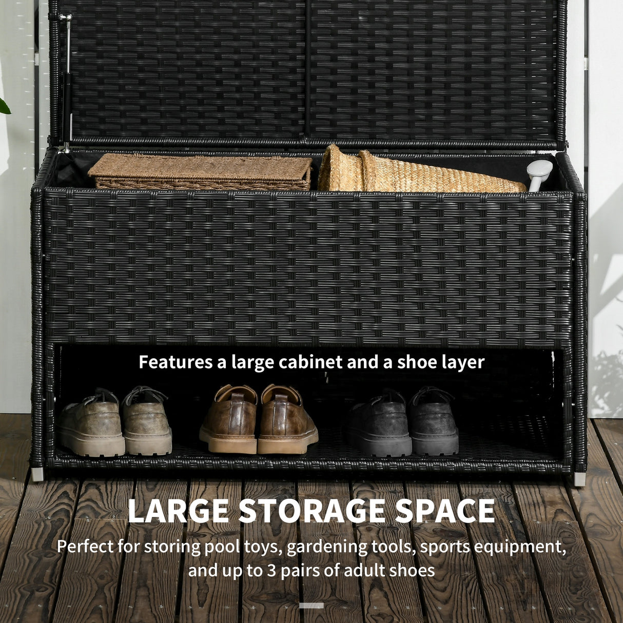 Outsunny Outdoor Deck Box & Shoe Storage, PE Rattan Wicker Towel Rack with Liner for Indoor, Outdoor