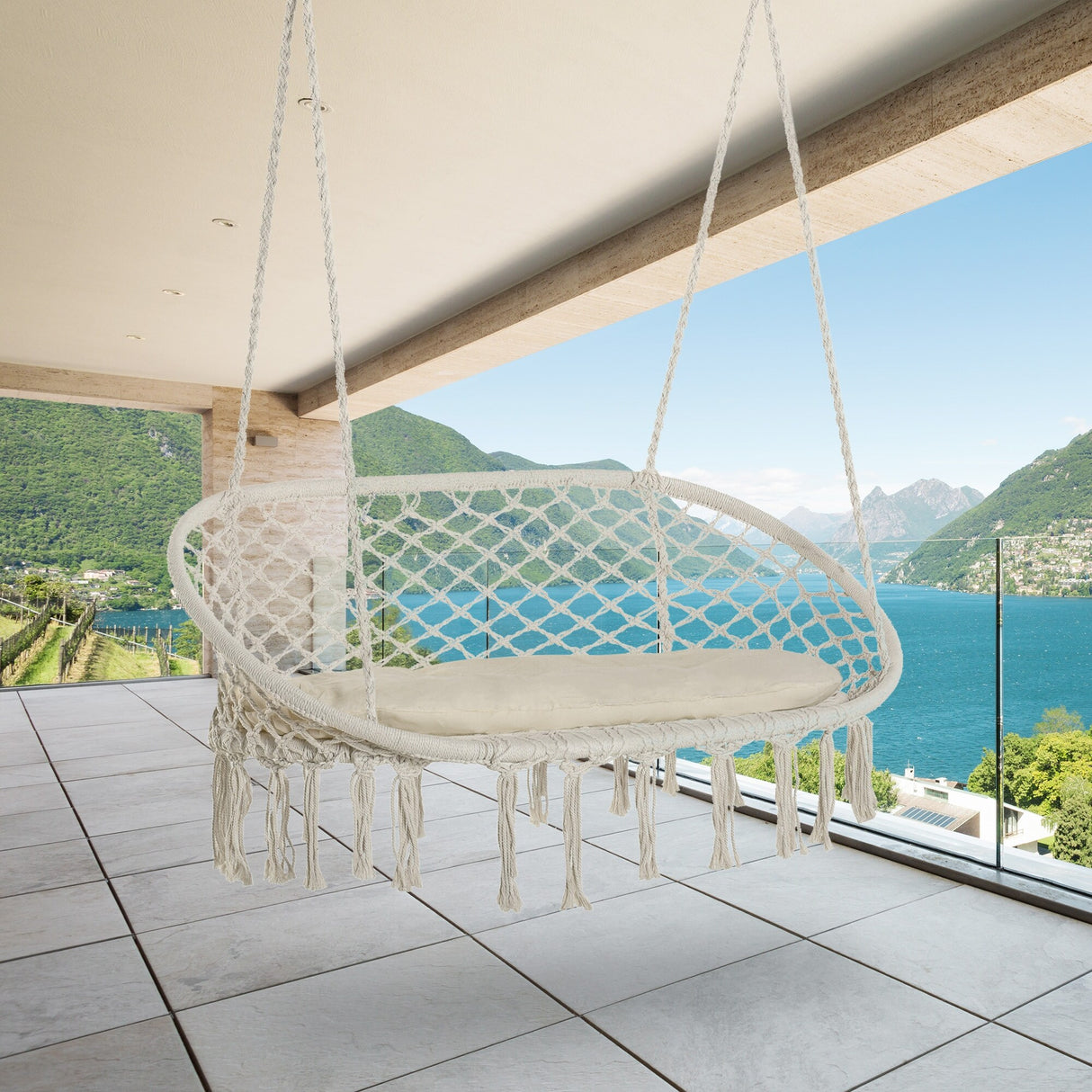 Outsunny Outdoor Hanging Hammock Porch Swing Chair with Cotton Rope Netting, Steel Frame, & Built-In Armrests
