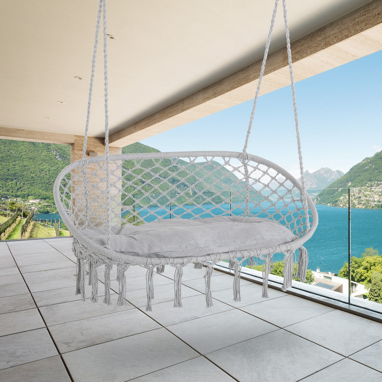 Outsunny Outdoor Hanging Hammock Porch Swing Chair with Cotton Rope Netting, Steel Frame, & Built-In Armrests